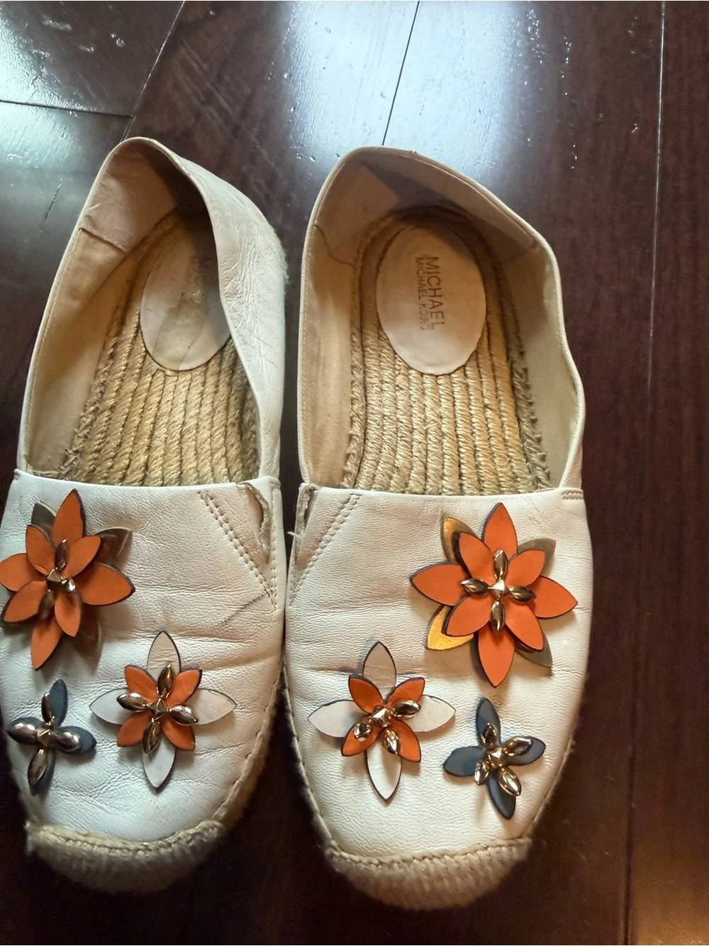 Michael Kors Cream Espadrilles with Orange and Gold Floral Embellishments